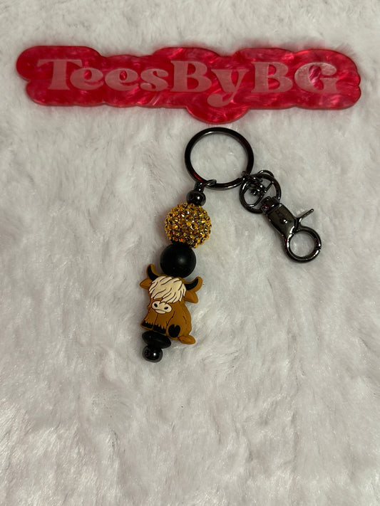 Highland Cow on Black Keychain